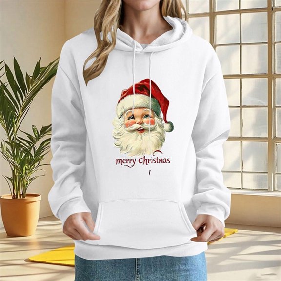PNTUTB Women's Christmas Cute Printed Off Shoulder Pocket Long Sleeved Hooded Drawstring Pullover Casual Loose Sweatshirt