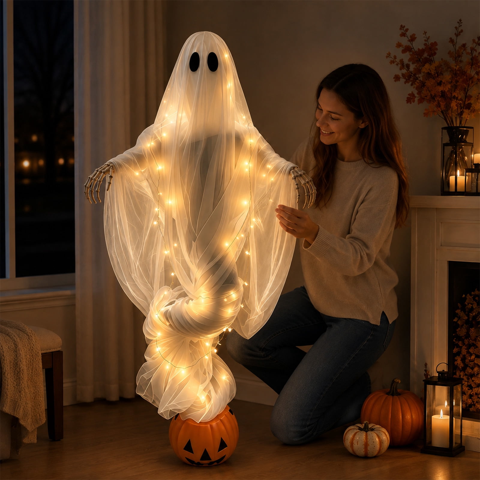 Swirling Ghost Pumpkin Yard Lamp, Halloween Yard Sculpture LED Glowing Floating Ghost Pumpkin Light, Halloween Outdoor Lawn Front Entrance Decor