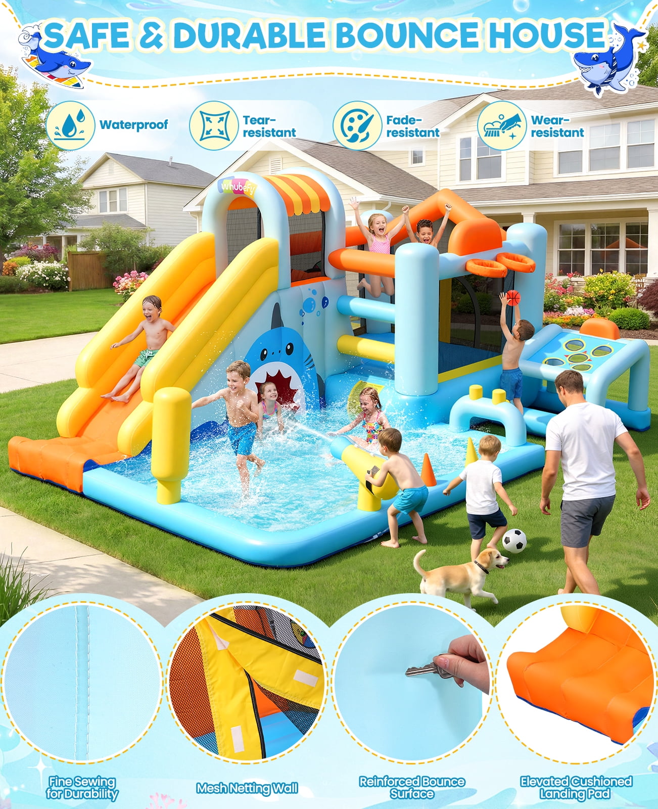Adnoom 14 in 1 Inflatable Bounce House for Big Kids, Indoor Outdoor Water Slide with Large Pool, 480W Blower, Obstacle Bouncy House with Golf, Water Cannon for Backyard Party Kids 3~12