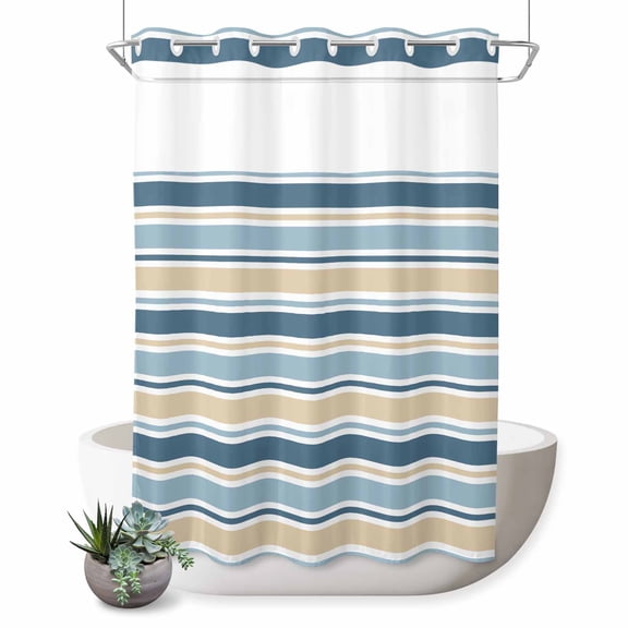 No Hook Shower Curtain, Khaki Blue Striped Shower Curtains for Bathroom with See Through Top Window, Farmhouse Stripes Modern Abstract Art Waterproof & Washable Bath Curtain 60"x72"