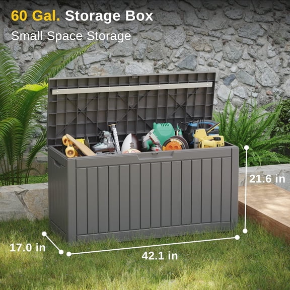 60 Gallon Heavy Duty Resin Deck Box, Grey Lockable Waterproof UV Resistant, Indoor Outdoor Storage for Patio Cushions & Gardening Tools