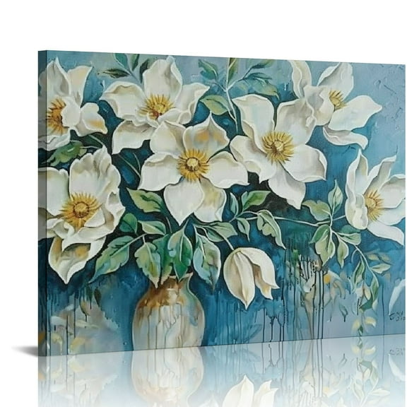 COMIO White Flowers Wall Art Canvas Magnolia Teal Floral 3D Thick Textured Picture Gold Turquoise Blue Painting Artwork Framed for Living Room Bedroom Bathroom Home Office Wall Decor