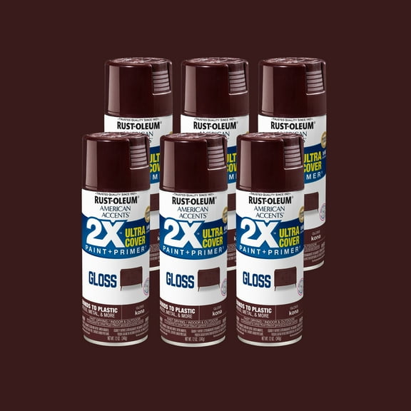 6 Pack, Kona Rust-Oleum American Accents 2X Ultra Cover Gloss Spray Paint-327872, 12 oz