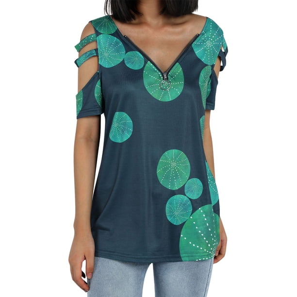 Lucakuins - Camiseta estampada con blusa para mujer, manga corta suelta con cremallera y cuello en V Lucakuins moda