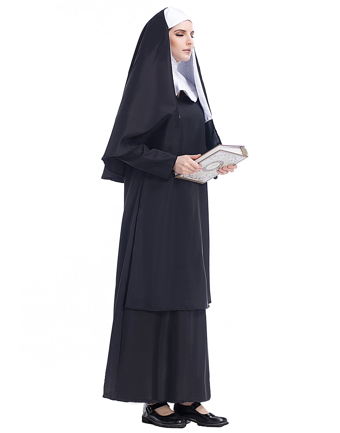 HDE Nun Costume for Women Traditional Adult Sister Black Robe and Habit Religious Halloween Costumes - image 3 of 4