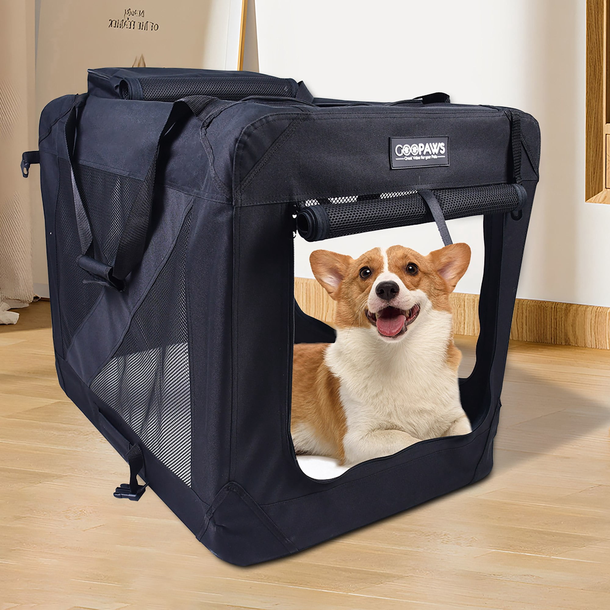 JESPET: 30" Soft Pet Crate - Black - Dogs & Cats Up to 50 lbs, 3 Door Folding Kennel, Indoor Outdoor Travel Carrier, Mesh Windows, Fleece Mat, GooPaws