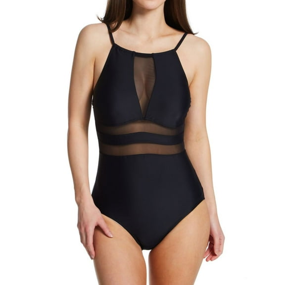 Women's Pour Moi 1408 High Neck Mesh Insert Control One Piece Swimsuit (Black 2X)