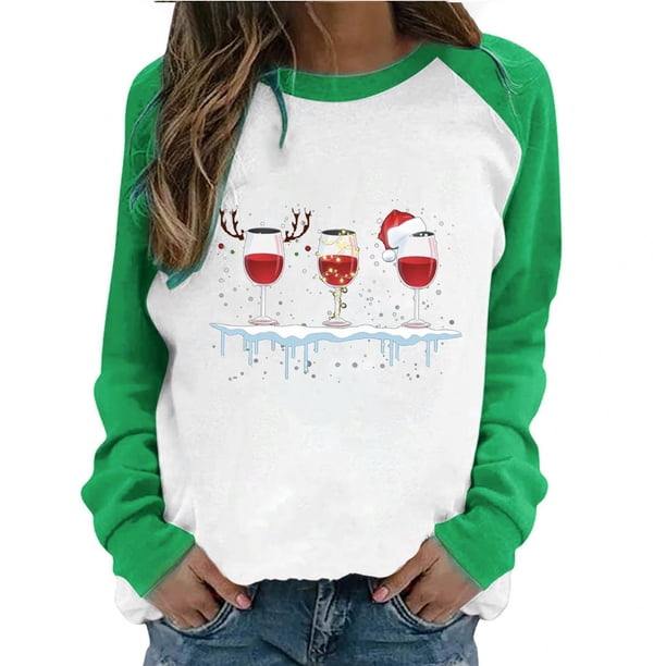 Camiseta informal de manga larga con cuello redondo y estampado navideño de retazos de primavera para mujer Fridja bvmnju1488