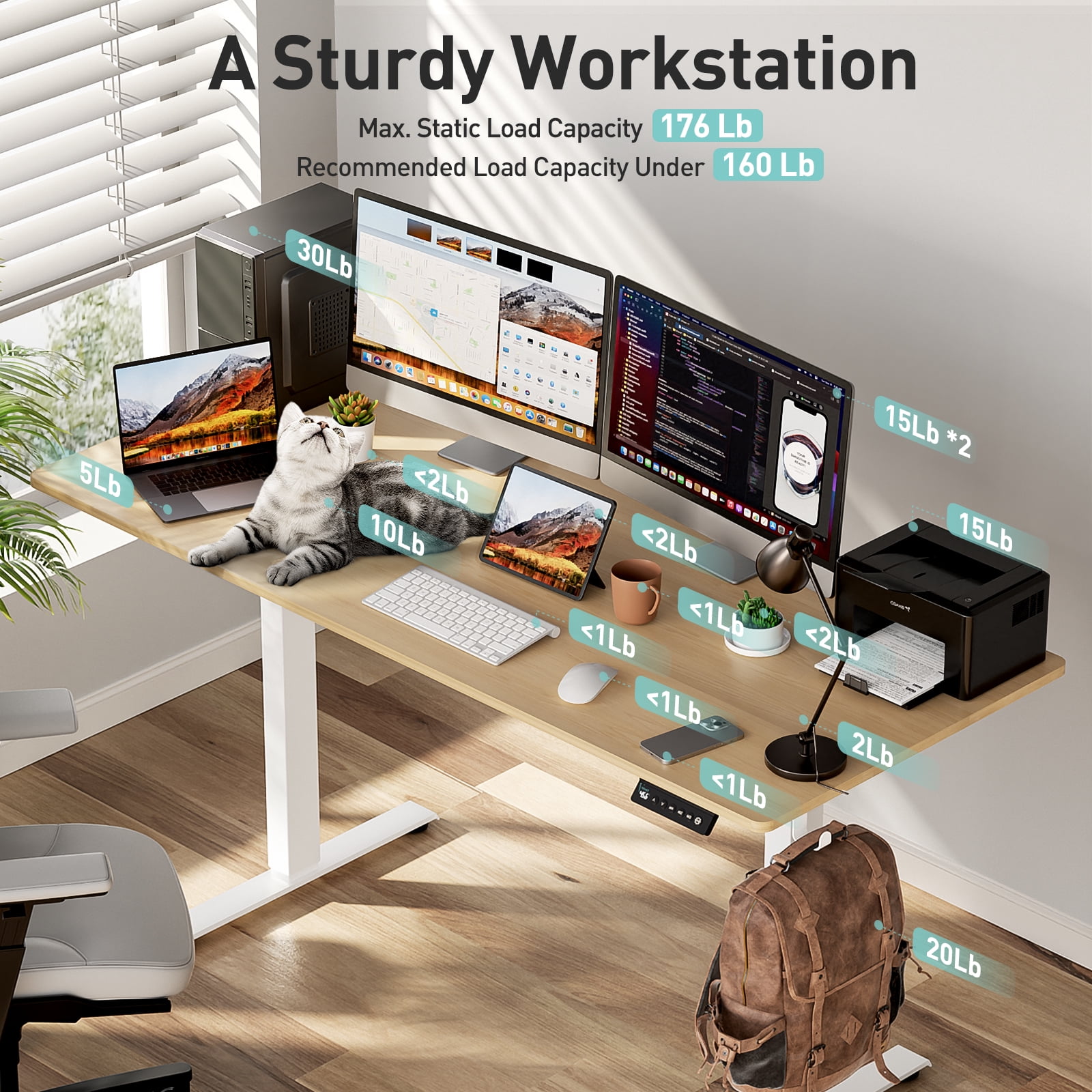 VVENACE Electric Standing Desk, Office Desk, Computer Desk, 55 inch 4 Memory Height Ergonomic Sit Stand up Desk, Height Adjustable Desk, Oak, 2 Split Boards