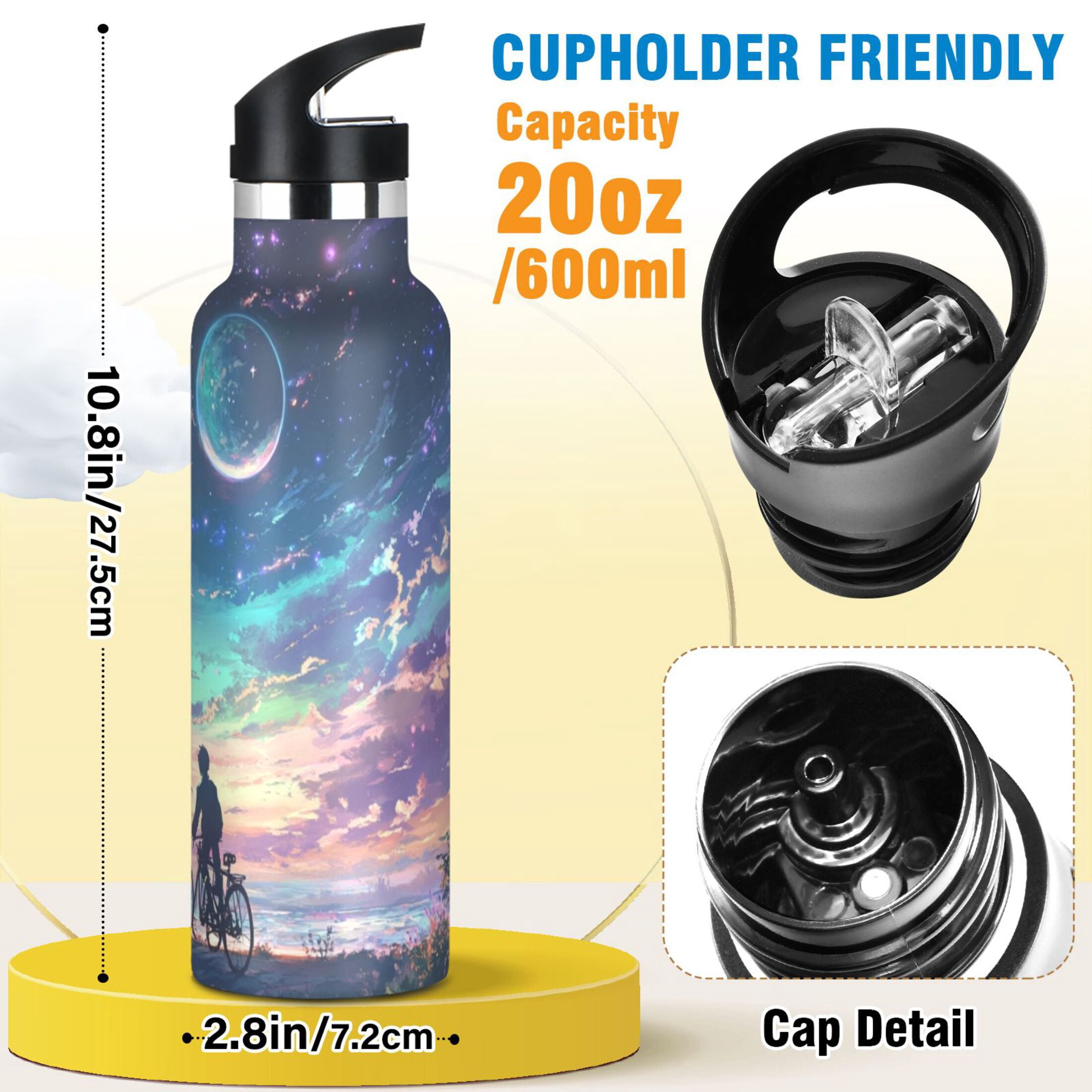 Kids Insulated Stainless Steel Sports Water Bottle 600ml (20oz) Rainbow Sky Background