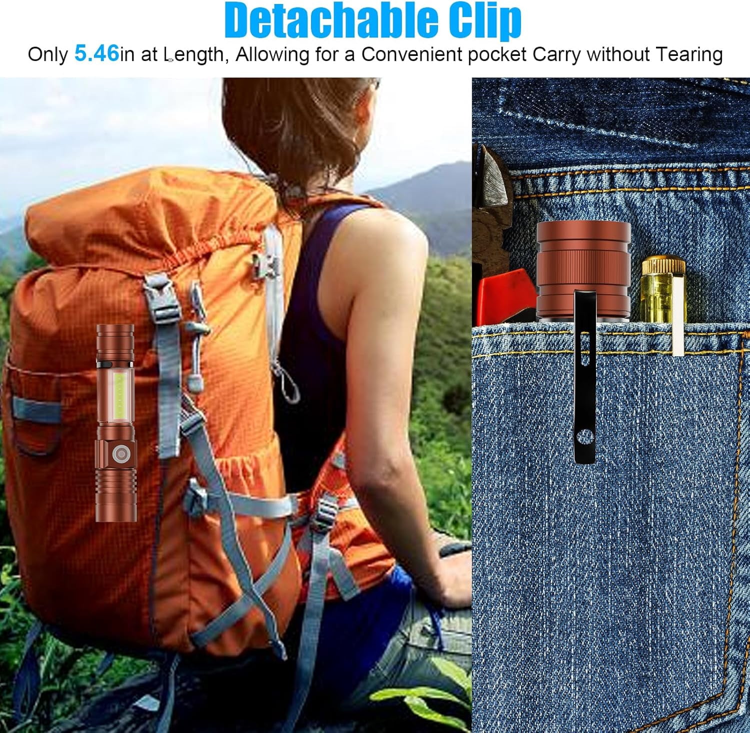 USB Rechargeable Magnetic LED Flashlight – Super Bright, Waterproof, Zoomable, with COB Side Light for Camping & Emergencies (Brown)