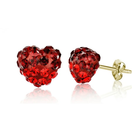 Pori Jewelers 14K Solid Gold Pave Siam Crystal Puff Heart Earrings Made Wswarovski Elements