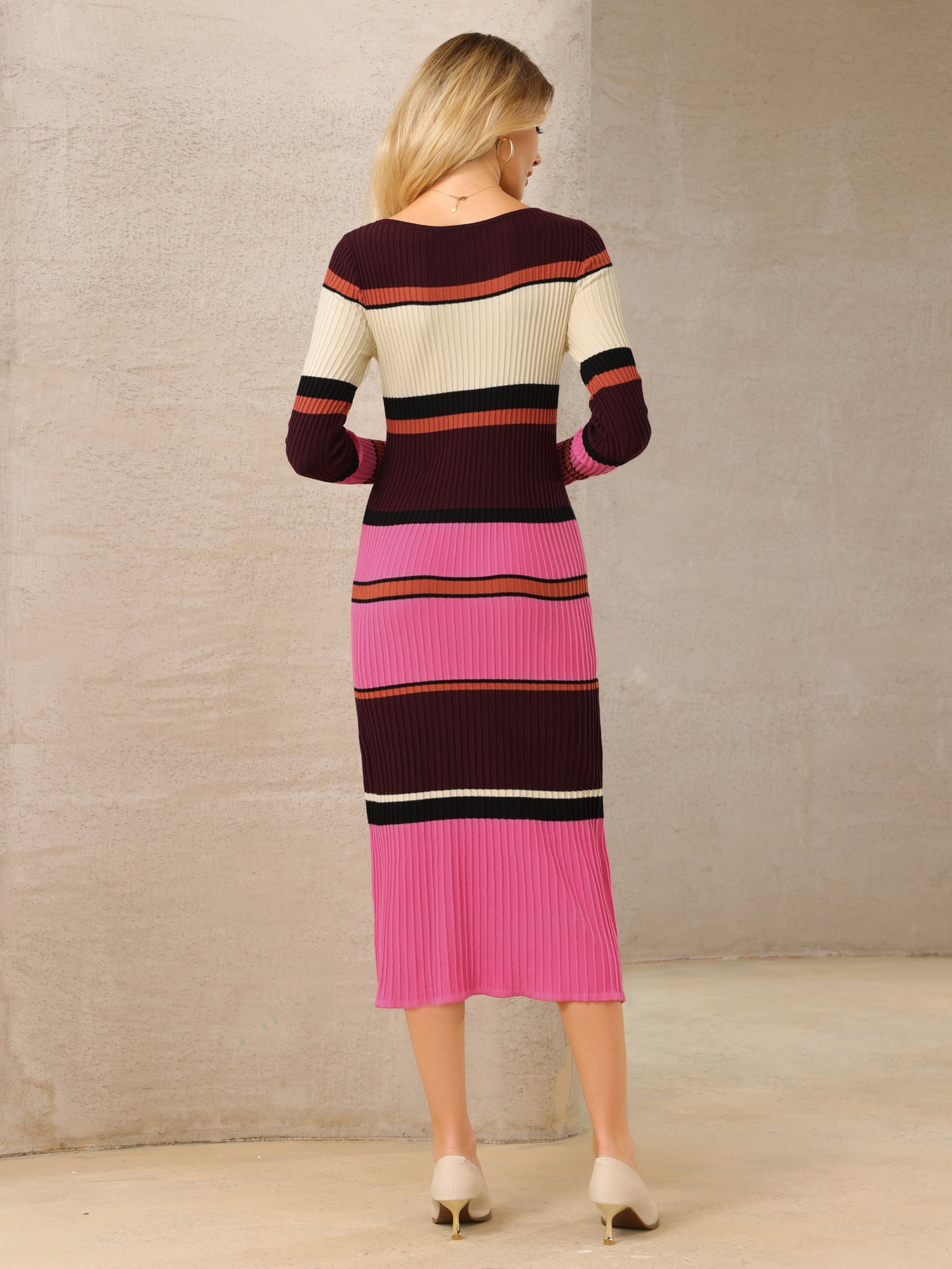 DARING DIVA Women's Striped Long Sleeve Ribbed Knit Bodycon Dress L Fushcia