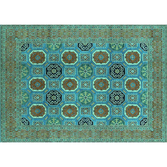 Ahgly Company Machine Washable Indoor Rectangle Oriental Turquoise Blue Traditional Area Rugs, 5' x 7'