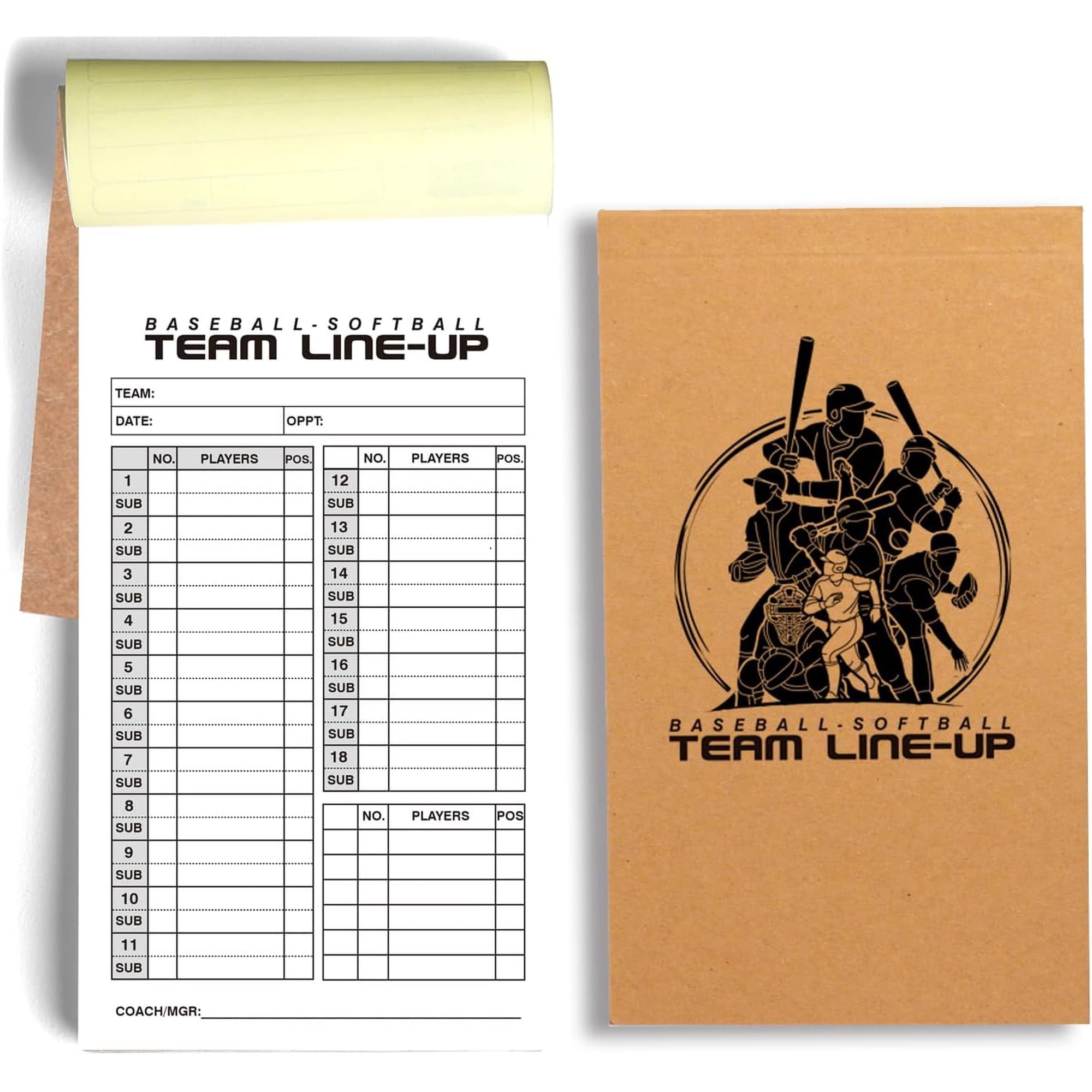 100 Baseball & Softball Lineup Cards, 25 Games with 18 Player Roster Line Up Cards Sheet for Coaches Umpires, School College Game (4-Part Carbon Copies-4.52 x 7.86 Inch)