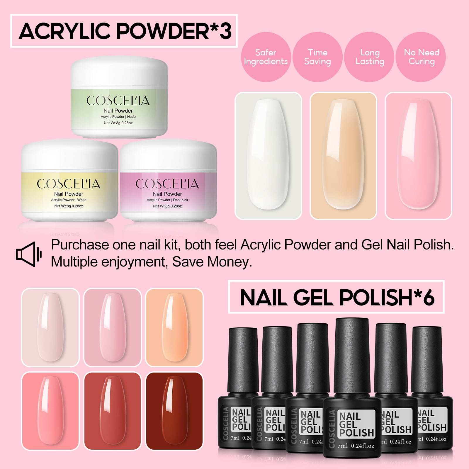 COSCELIA Acrylic Nail Kit Complete Set 3PC Acrylic Powder 6pcs Gel Nail Polish Set 100pcs Acrylic Nail Tips Nail Art Gift for Women