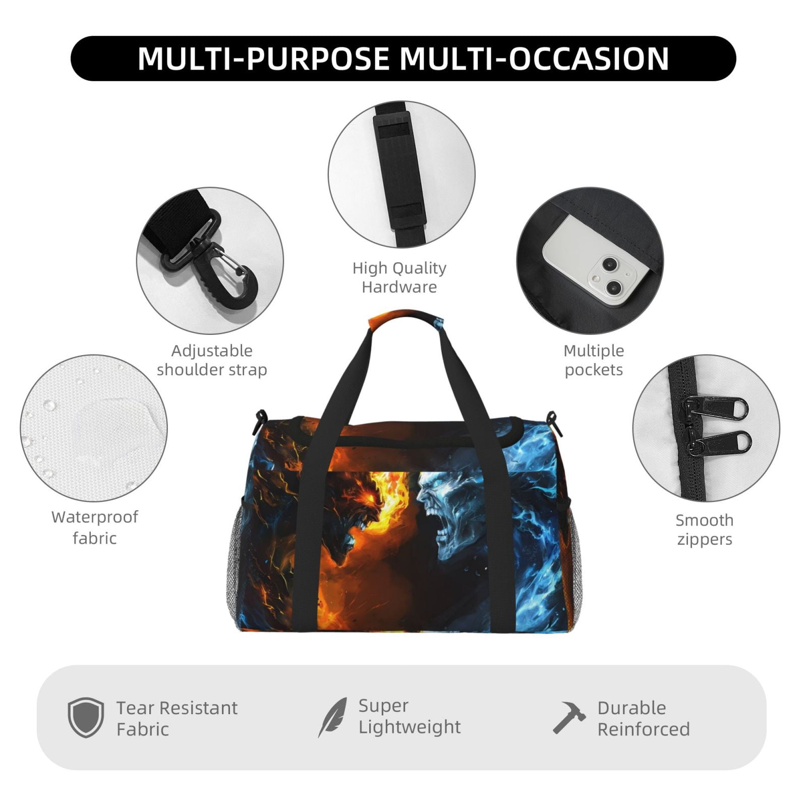 Fuzoiu Red And Blue Fire Skull Warrior Print Travel Duffle Bag,Carry On Tote Bags,Duffel Bag,Sport Gym Bag, Hospital Bag for Labor and Delivery, Overnight Bag,Luggage Bag