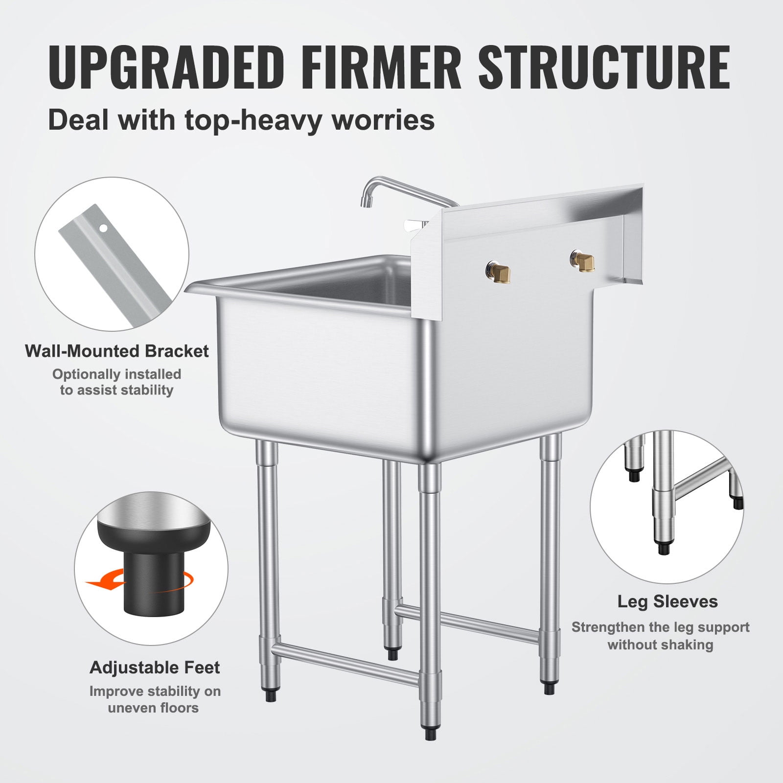 VEVOR Stainless Steel Prep & Utility Sink, 1 Compartment Free Standing Small Sink Include Faucet & legs, 27"x41" Commercial Single Bowl Sinks for Garage, Restaurant, Kitchen, Laundry
