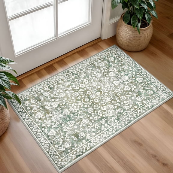 RLESO Throw Rug with Rubber Backing Washable 2X3 Small Area Rugs Non Slip Floral Super Soft Kitchen Rugs Indoor Door Mat Thin Print Faux Wool Carpet for Entryway Entrance Office