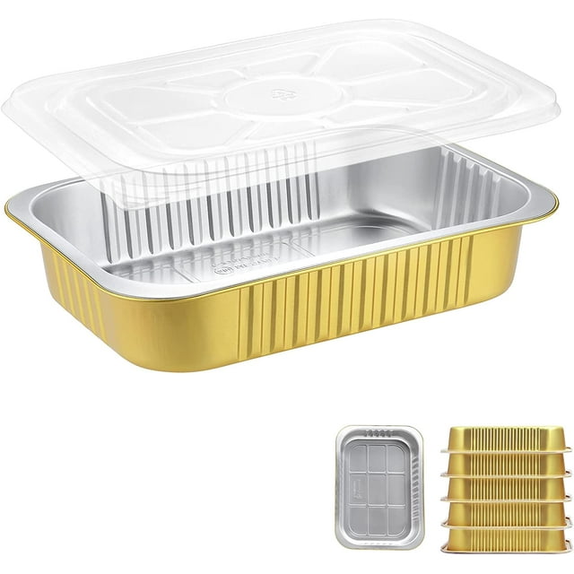 fafa-11 "x 8 Pouces Moules en Aluminium Robustes + Couvercles (Lot de 5), 2X Plus Épais pour Four, Grill, Cuisson Micro-Ondable, Réutilisables Congelables Lave-Vaisselle Jetables Pot en Étain 74oz