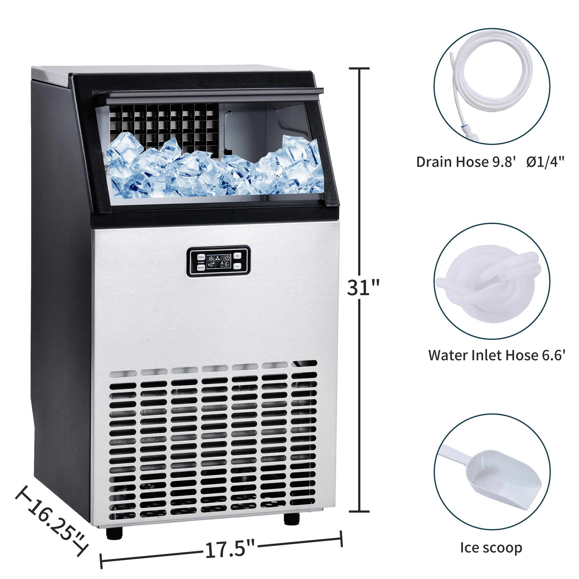 COOLLIFE Commercial Ice Maker Produces 100lbs of Ice in 24 Hrs with 33lbs Storage Bin 100LBS/24H 