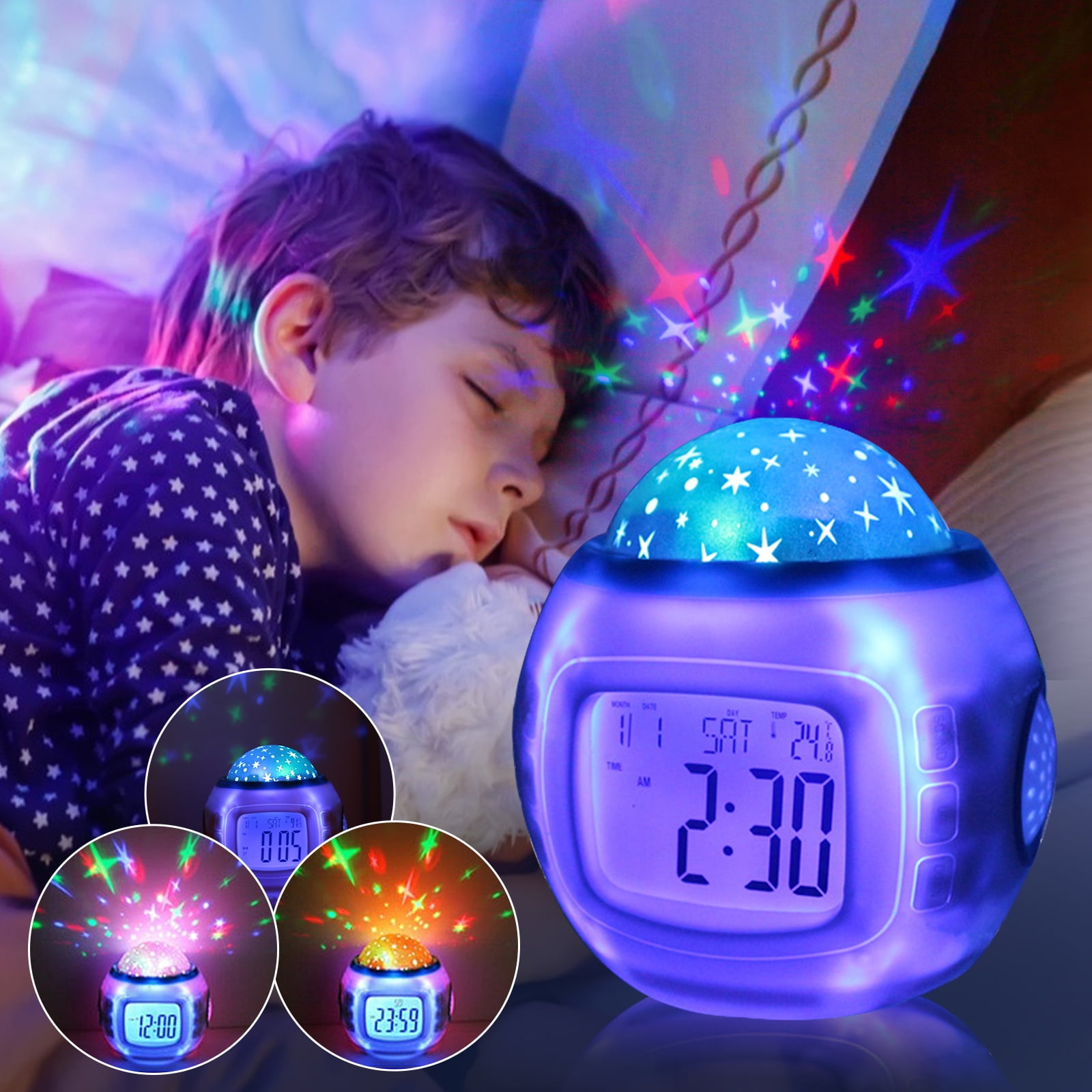 Music Snooze Alarm Clock Kids Room Calendar Thermometer Night Light Projector US 