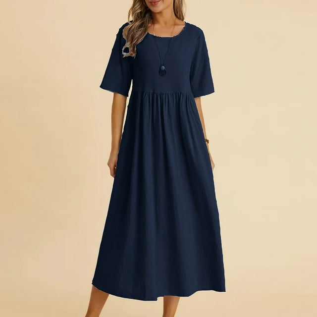 Meichang Robe Tunique en Lin pour Femmes Été Décontractée Manches Courtes Midi Col Rond Coupe Ample Swing Robes de Vacances