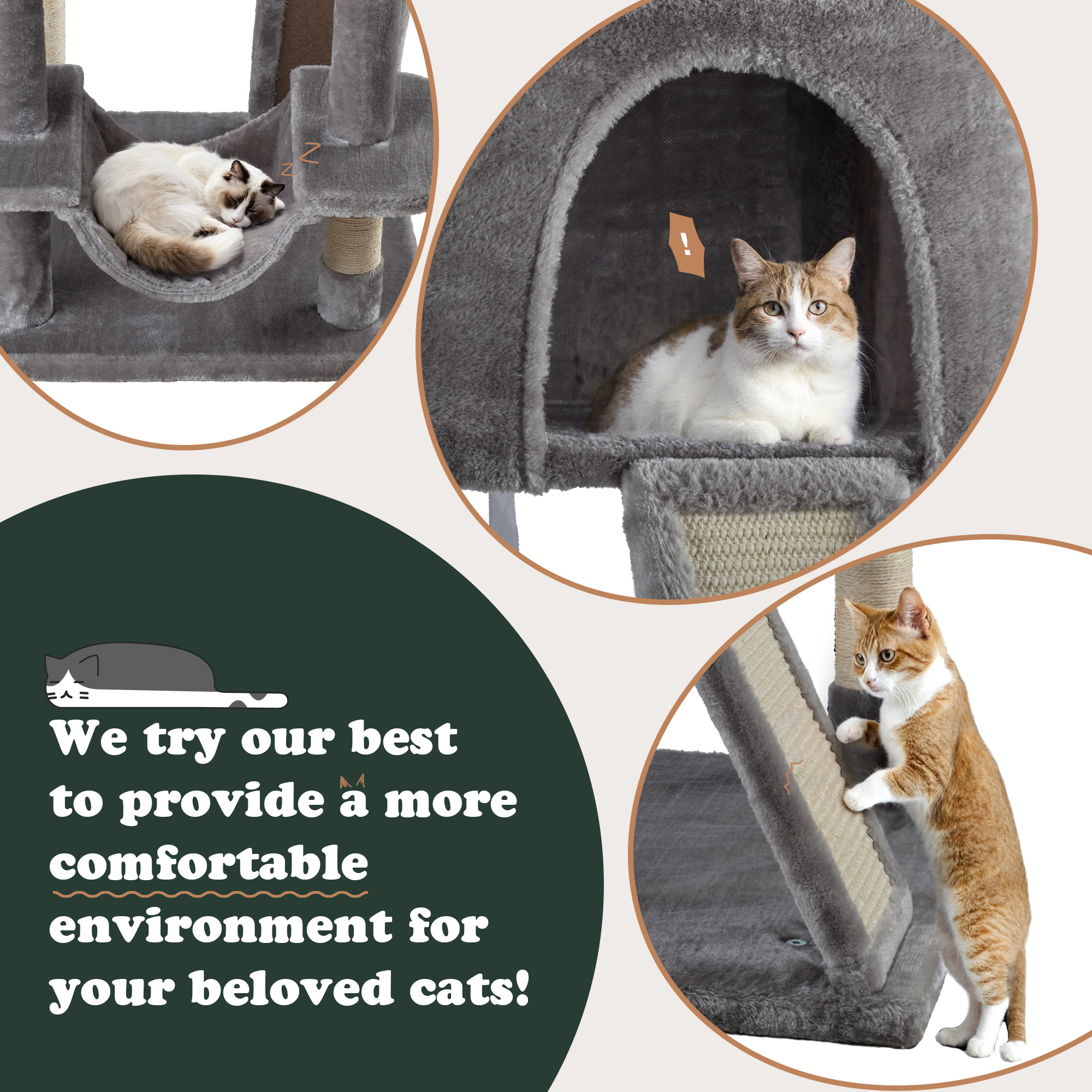 Amolife 65.7" Large Cat Tree with Hammock and Scratching Posts, Gray photo 5