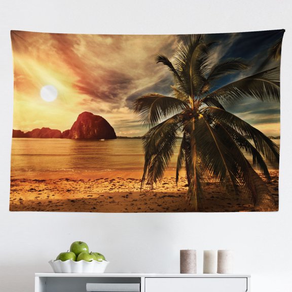 Ocean Tapestry, Havana Beach Sunny Tropics Mountains Rocks and Coconut Palm Trees, Fabric Wall Hanging Decor for Bedroom Living Room Dorm, 2 Sizes, Dark Green Pale Brown, by Ambesonne