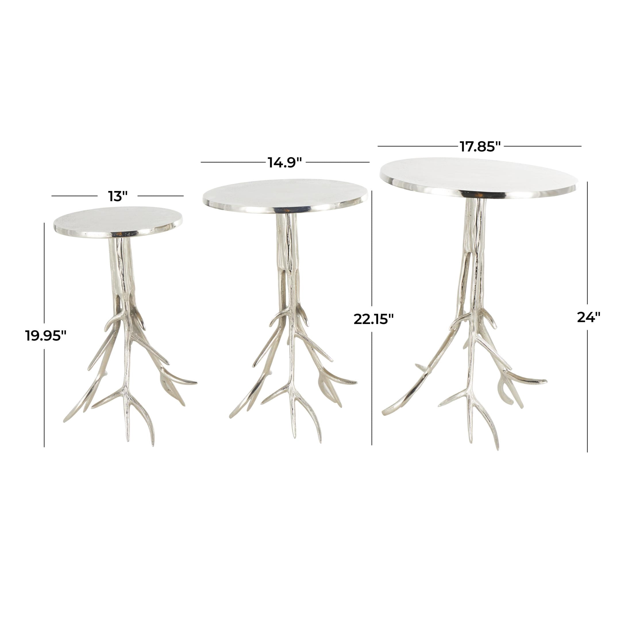 DecMode 18" x 24" Silver Aluminum Metal Accent Table with Textured Tree Branch Legs, 3-Pieces