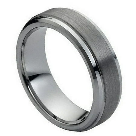 - 7mm Tungsten Carbide Shiny beveled Edge Brushed raised Center Wedding Band Ring For Men Or Ladies