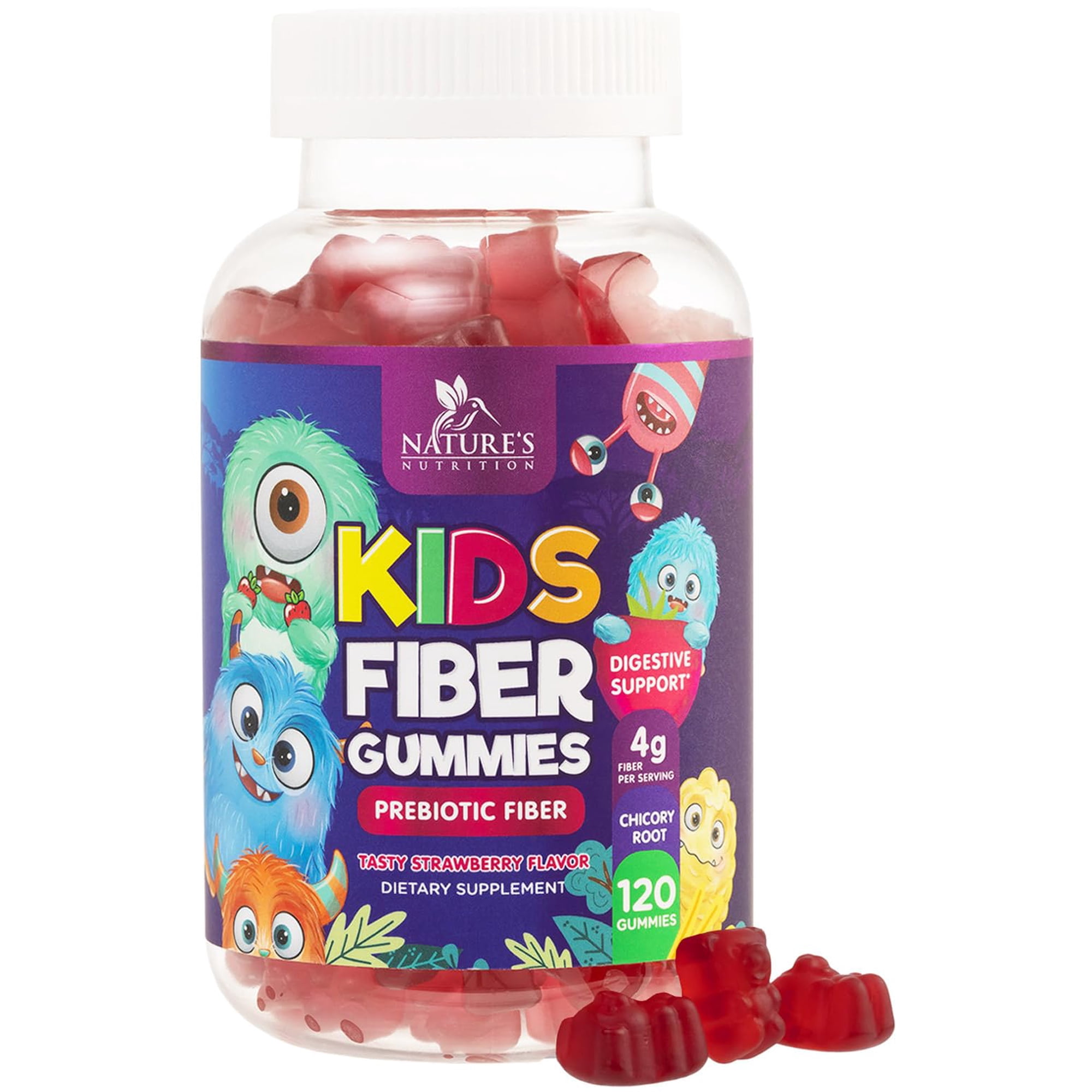 Kids Fiber Gummies - 4g Dietary Fiber - Daily Fiber Gummy Supplement for Kids - Soluble Inulin Prebiotic Gummy for Digestive Health Support - Plant-Based Regularity & Digestion Support - 120 Gummies