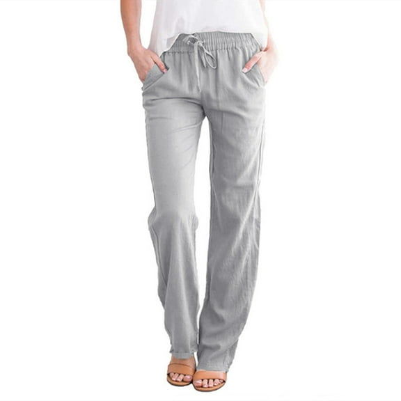 Women Casual Cotton And Linen Solid Drawstring Elastic Waist Long Straight Pants