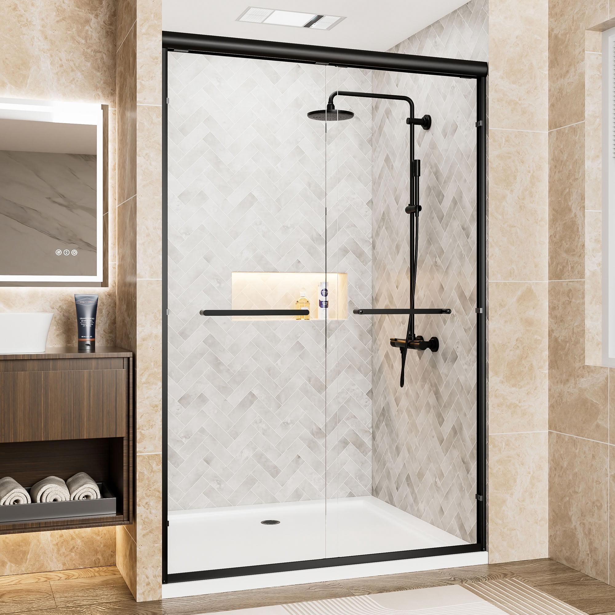 MAYEERTY Double Sliding Shower Door, Matte Black Aluminum Frame, 1/4" Tempered Safety Glass with Explosion-Proof Film, Waterproof & Reversible Installation