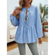 thumbnail image 4 of Blusa Babydoll con Lazo Frontal para Mujer, Larga, Rayas, Peplum, Volantes, Encaje. Azul L, 4 of 7