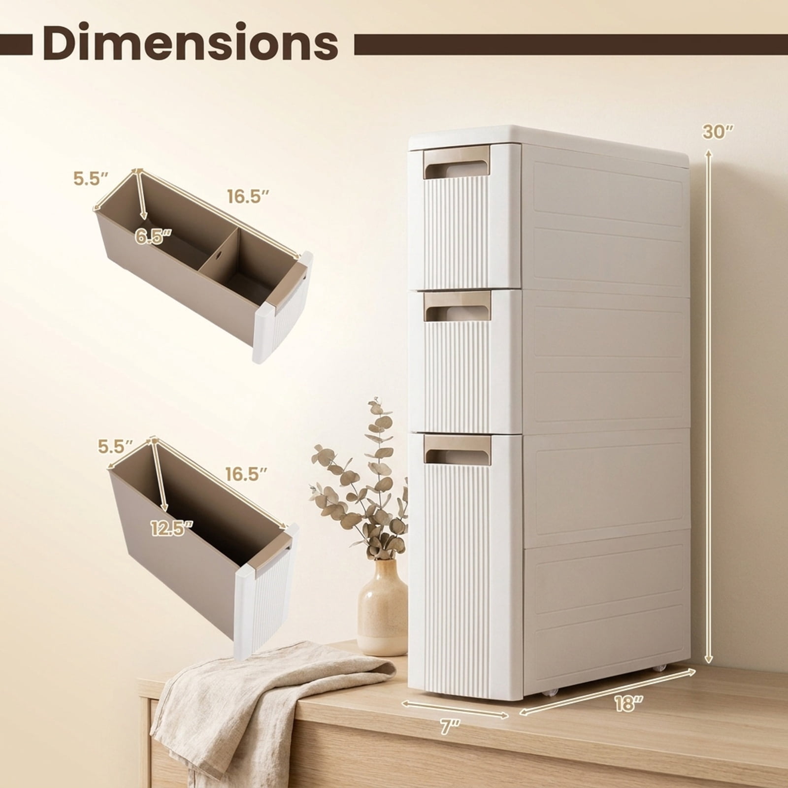 Vebreda Freestanding Bathroom Storage Cabinet, Narrow Storage Cabinet with Drawers and Removable Dividers, Multi-Layered Storage