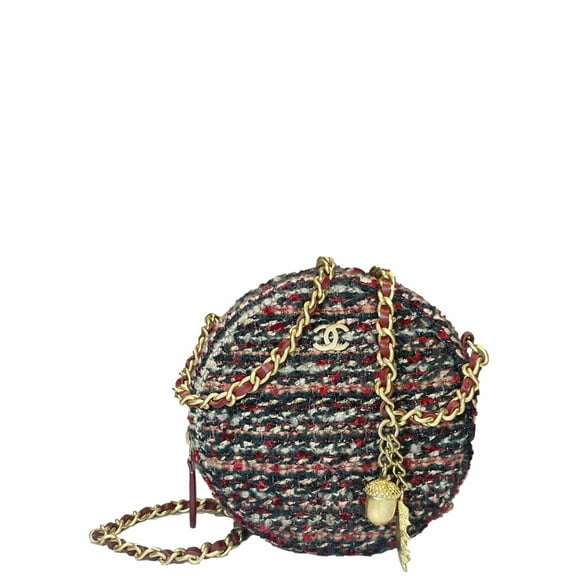 Pre-Owned CHANEL Round Tweed Chain Clutch Crossbody Bag Red