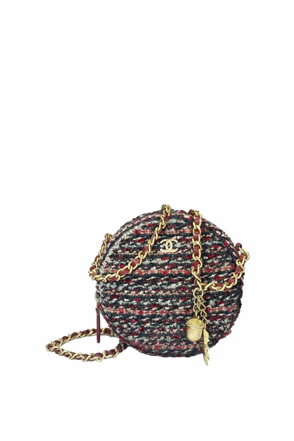 Pre-Owned CHANEL Round Tweed Chain Clutch Crossbody Bag Red