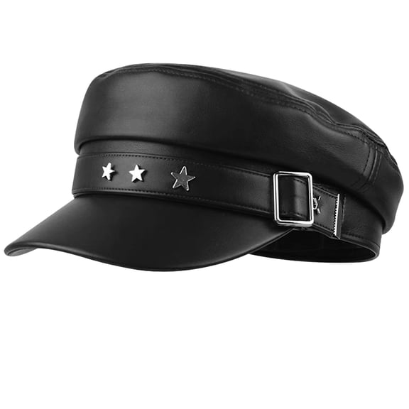 PU Leather Newsboy Cap with Star Studs – Adjustable Baker Hat for Women, Vintage Cabbie Flat Cap with Buckle Strap, Faux Leather Octagonal Beret for Fall Winter Daily Wear