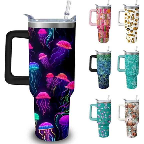 40oz Jellyfish Tumbler with Handle and Straw, Animal Lovers Gifts for Women Men, Sea Ocean Stainless Steel Travel Mug Water Bottle, Colorful Vacuum Insulated Cup with Lid
