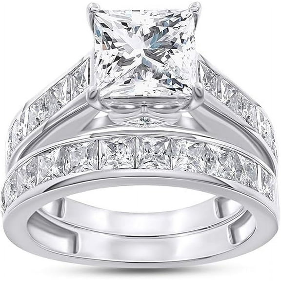 Divine_creation 925 Sterling Silver 2.58 Ct Princess Cut White Diamond Wedding Engagement Thanksgiving Christmas Bridal Ring Set 14K White Gold Plated For Women's -4.5