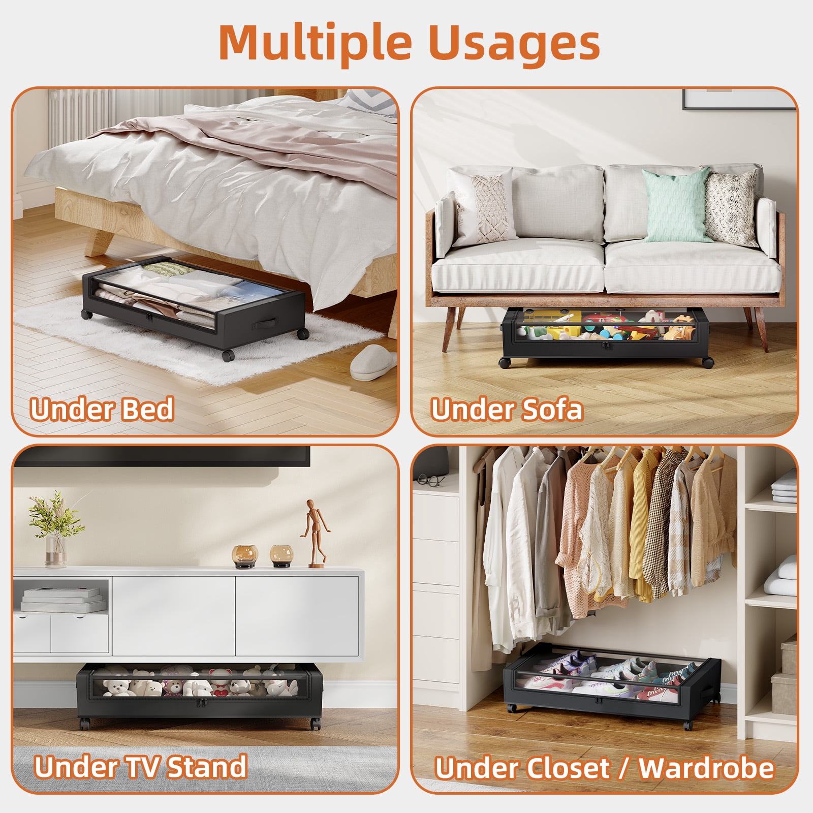 Eunos Under Bed Storage with Wheels, 2 Pack Under Bed Storage Containers with Clear Lid and Handles, Storage Organizer Bins