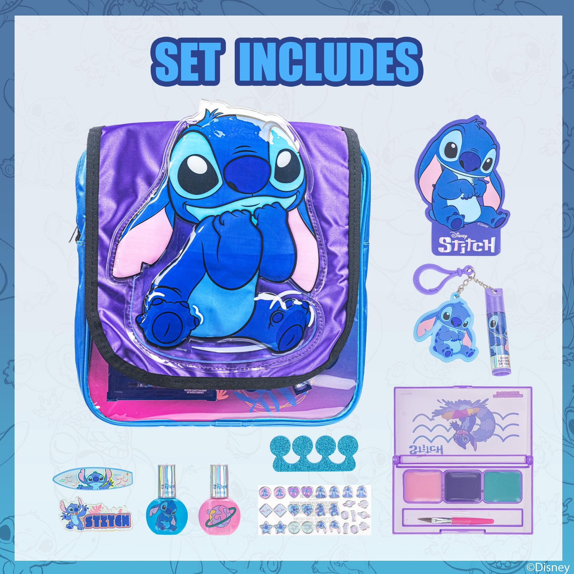 Disney Stitch Cosmetic Shoulder Bag, Makeup Filled Bag, Includes Lip, Nail, Hair Accessories, for Kids Ages 3+, 11 Pc