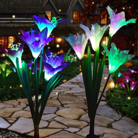 Outdoor Solar Stake Lights  Wattne 2 Pack Solar Garden Lights with 8 Lily Flowers  Waterproof 7 Color Changing LED Solar Stake Lights for Garden  Pathway  Christmas Decoration (Purple and White)
