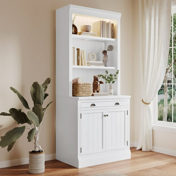 Harper & Bright Designs 83.4" Tall Bookshelf with LED Lighting, Modern Bookcase with 2 Doors and 1 Drawer, Bookcase with Storage Cabinet and Open Shelves, White