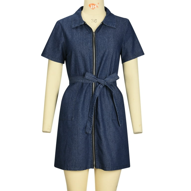Sweet Elegant Solid Zipper Turndown Collar Short Sleeve Regular Denim Dresses Sweet Elegant Solid Zipper Turndown Collar Short Sleeve Regular Denim Dresses