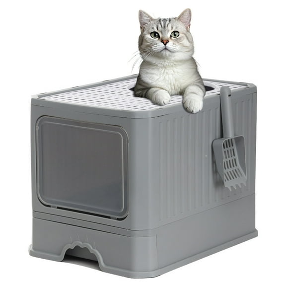 Cat Litter Box with Litter Scoop, Extra Large Foldable Enclosed Cat Litter Box with Lid, Front Entry Top Exit Kitty Box, Drawer Type Cat Litter, Easy to Clean (Grey)