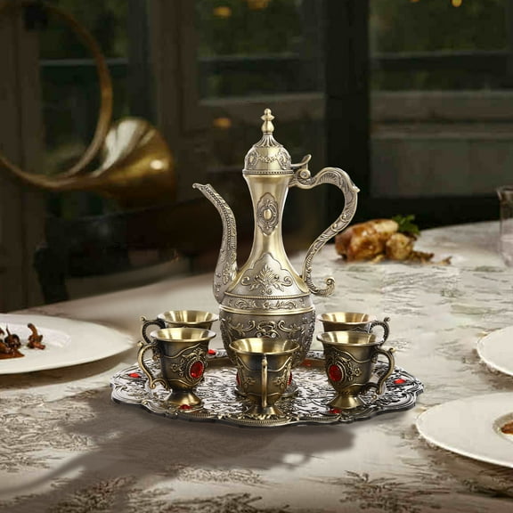 TOOL1SHOoo Vintage Coffee Pot and Cups Set,Tea Service Set including Teapot,Tea Tray and Teacups Zinc Alloy,Bronze&Red