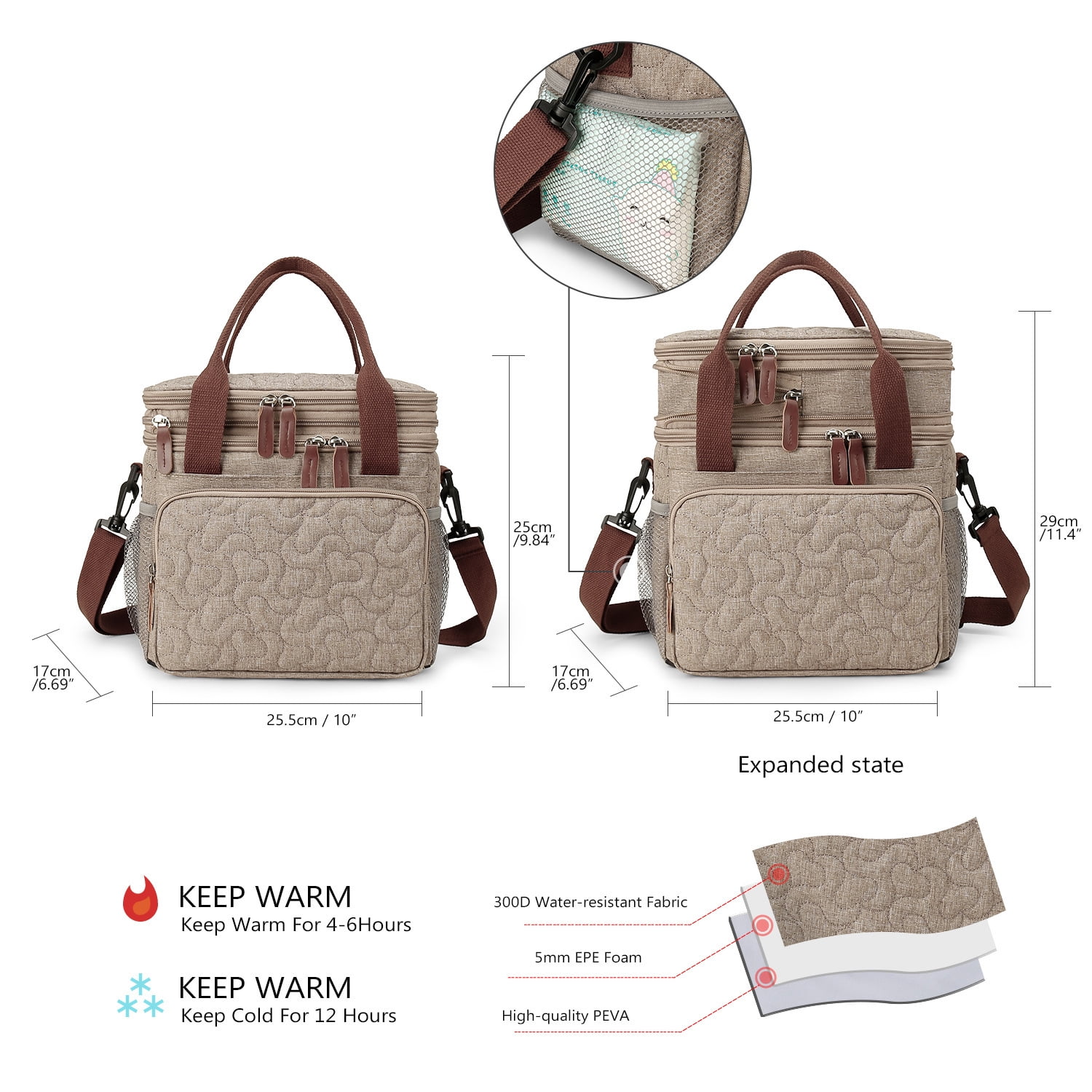 Insulated Lunch Bag Lunch Box Expandable Double Deck Cooler Bag Leakproof Side Tissue Pocket, Adjustable Shoulder Strap for Picnic Camping Hiking School Work, Khaki