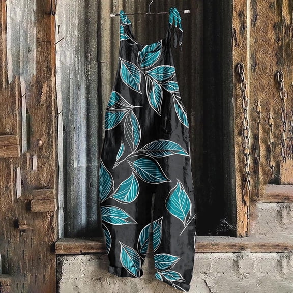 Mceream Jumpsuits for Women Summer Linen Casual Adjustable Strap Overalls Wide Leg Floral Print Baggy Sleeveless Spaghetti Strap Romper Jumpers with Pockets Trendy Beach Vacation Outfits Multicolor S